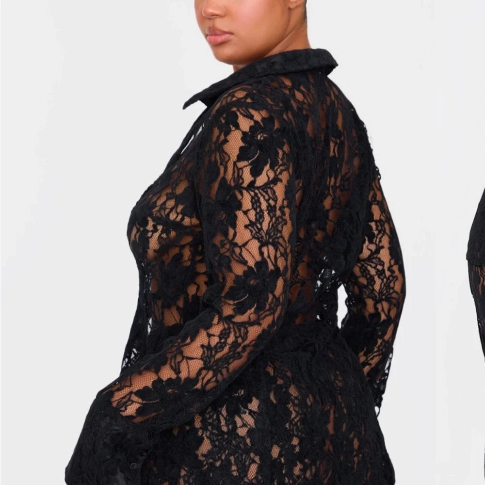 PrettyLittleThing Black Lace Button Down Shirt - Picture 2 of 2